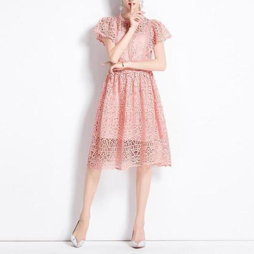 Lace Waist-controlled One-piece Dress slimming patchwork pink PC