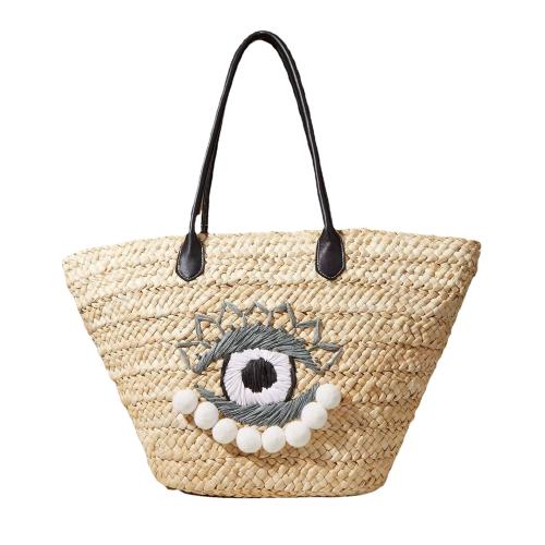 Paper Rope & PU Leather Beach Bag & Easy Matching Woven Shoulder Bag large capacity eyes khaki PC