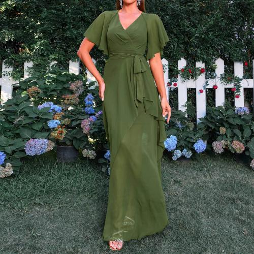 Polyester Waist-controlled One-piece Dress large hem design patchwork Solid green PC