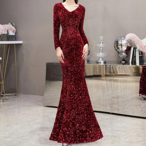 Spandex & Polyester Mermaid Long Evening Dress Sequin Solid wine red PC