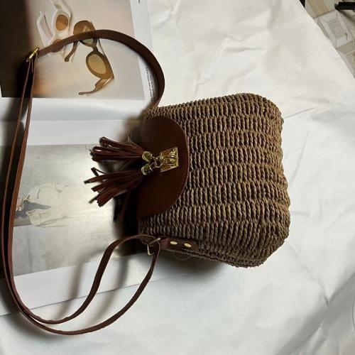 Straw Handmade & Tassels Crossbody Bag PU Leather camel PC