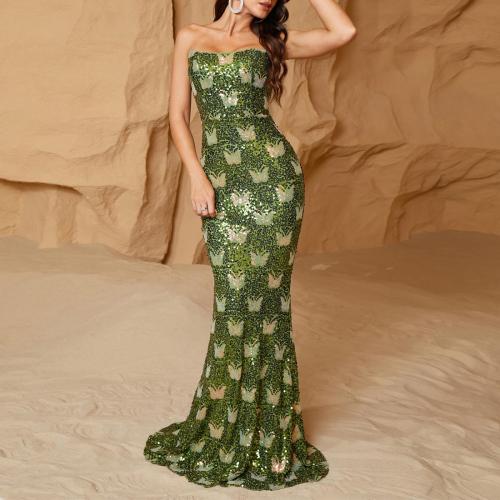 Polyester Long Evening Dress & tube Sequin patchwork green PC