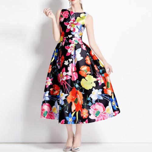 Polyester Waist-controlled One-piece Dress large hem design & slimming printed PC