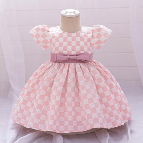 Cotton Soft & Ball Gown Girl One-piece Dress & breathable plaid pink PC