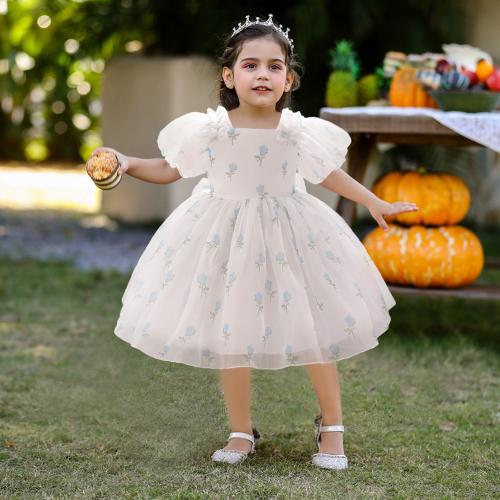 Cotton Princess Girl One-piece Dress with bowknot & breathable printed floral PC