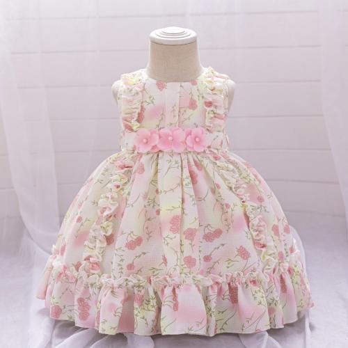 綿 ガール ワンピース ドレス 印刷 花 ピンク 一つ