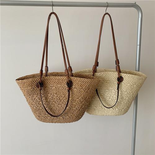 Straw Handmade Woven Tote large capacity PU Leather PC