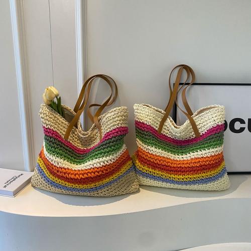 Straw Handmade Woven Shoulder Bag large capacity Polyester Cotton striped PC