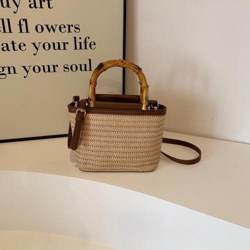 Straw Handmade Woven Tote attached with hanging strap PU Leather khaki PC