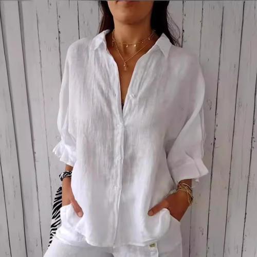 Cotton Linen & Polyester Plus Size Women Long Sleeve Shirt & loose Solid PC