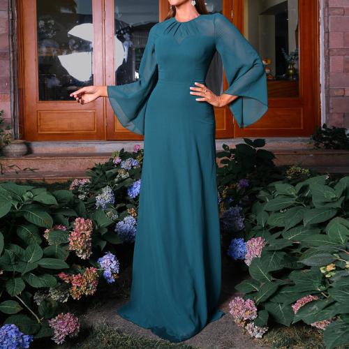 Polyester Waist-controlled One-piece Dress large hem design Solid green PC