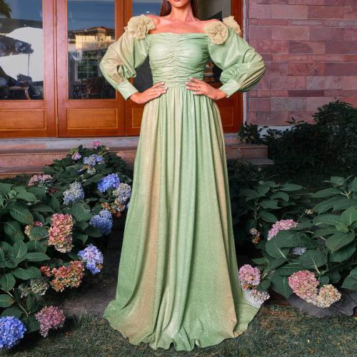 Polyester One-piece Dress large hem design & off shoulder patchwork green PC