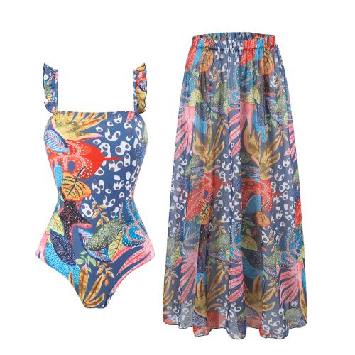Spandex & Polyester One-piece Swimsuit  & padded printed leaf pattern blue PC