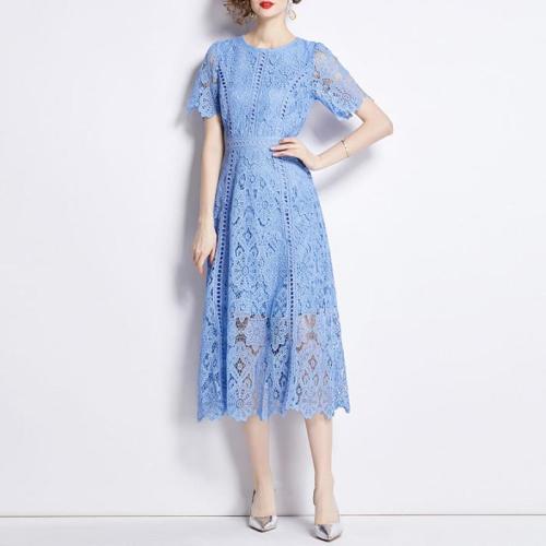 Lace One-piece Dress slimming patchwork light blue PC