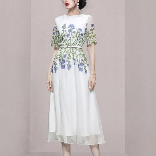 Chiffon Waist-controlled One-piece Dress slimming printed white PC
