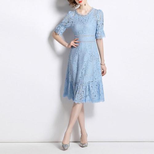 Lace Waist-controlled One-piece Dress slimming blue PC