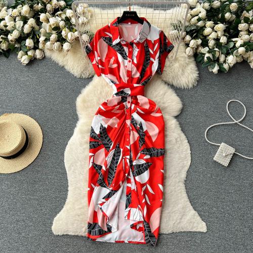 Polyester Sexy Package Hip Dresses & loose & hollow & breathable printed Solid PC
