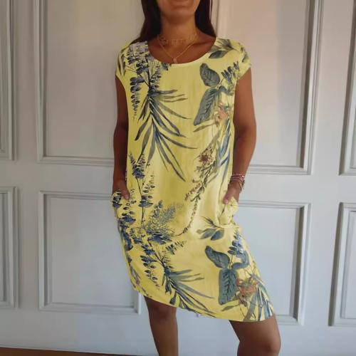 Mercerized Cotton Plus Size One-piece Dress & with pocket printed leaf pattern PC