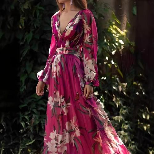 Polyester long style One-piece Dress large hem design printed floral fuchsia PC