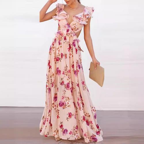 Polyester long style One-piece Dress backless printed floral pink PC