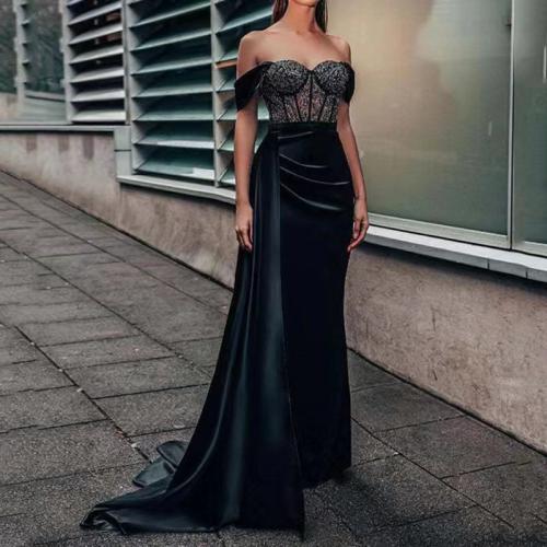Polyester Long Evening Dress & off shoulder & tube Solid black PC