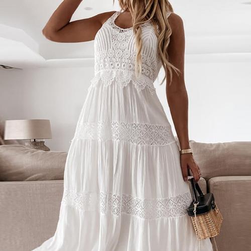 Lace & Polyester Slip Dress large hem design & mid-long style & hollow patchwork white PC