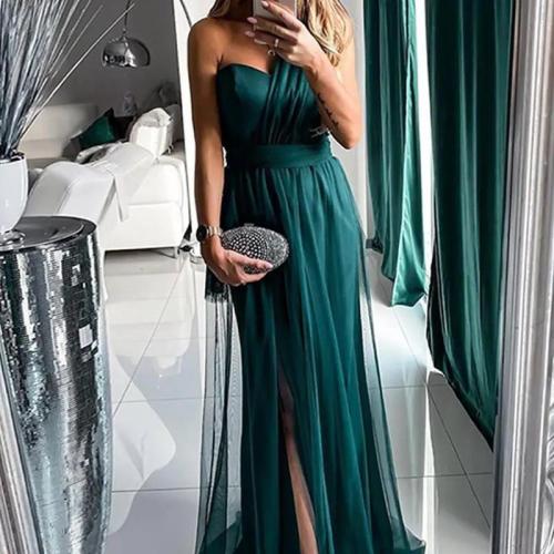 Polyester Long Evening Dress & One Shoulder Solid green PC