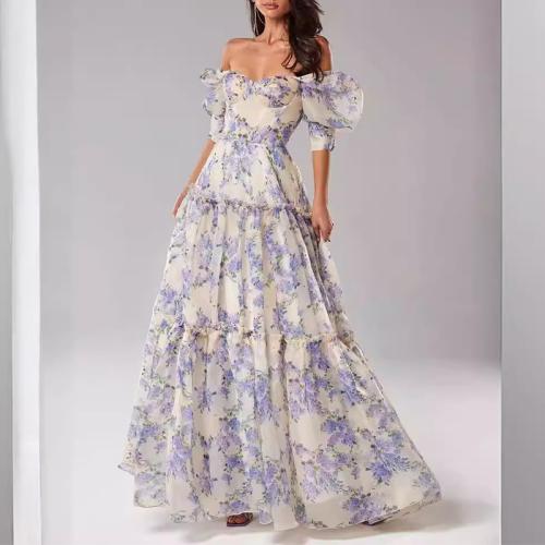 Organza & Polyester Long Evening Dress & off shoulder printed floral PC