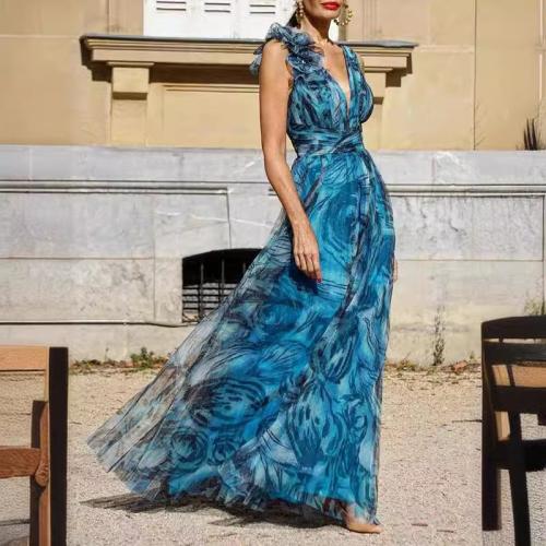 Chiffon & Polyester long style One-piece Dress large hem design printed blue PC