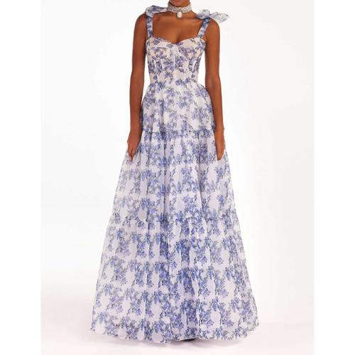 Organza & Polyester Long Evening Dress large hem design & off shoulder printed blue PC