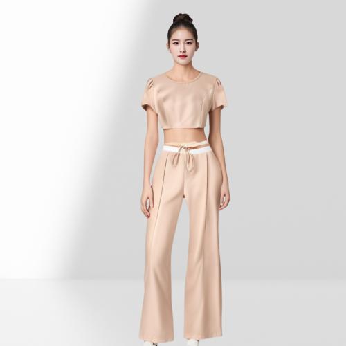 Spandex Wide Leg Trousers & Crop Top & High Waist Women Casual Set slimming & two piece & loose Long Trousers & top Solid Set