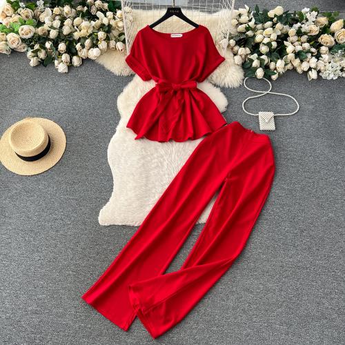 Polyester Wide Leg Trousers & Plus Size & High Waist Women Casual Set slimming & two piece & loose Long Trousers & top Solid Set