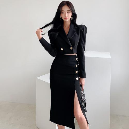 Polyester Waist-controlled Two-Piece Dress Set mid-long style & slimming & side slit Solid black Set