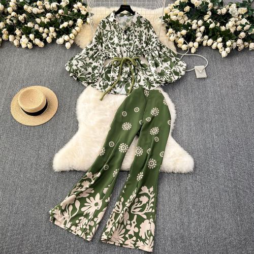 Mixed Fabric Waist-controlled & bell-bottom & High Waist Women Casual Set slimming Long Trousers & top floral green Set