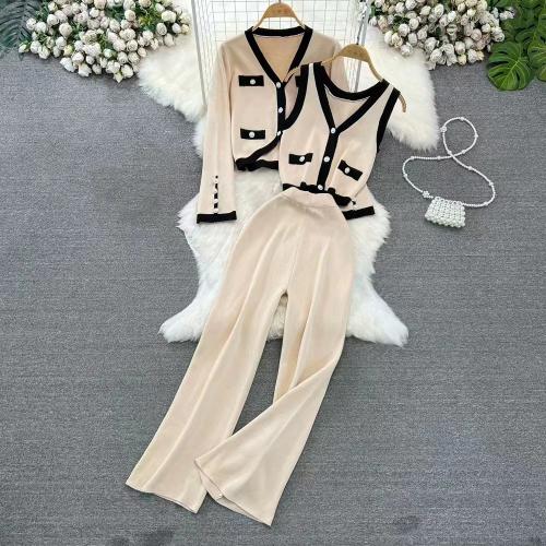Spandex Wide Leg Trousers & High Waist Women Casual Set slimming & three piece Long Trousers & tank top & coat Solid : Set