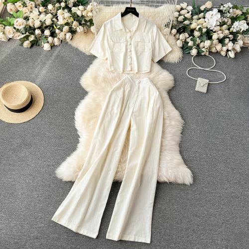 Polyester Wide Leg Trousers & High Waist Women Casual Set slimming & two piece Long Trousers & short sleeve shirt Solid Set
