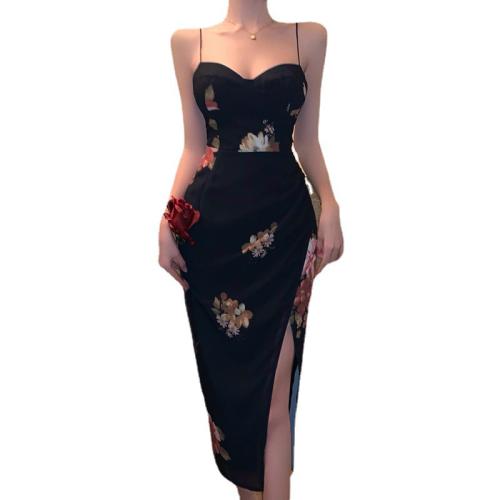 Polyester Slim Sexy Package Hip Dresses mid-long style & slimming & side slit & off shoulder floral mixed colors PC