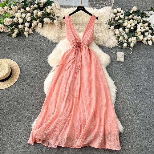 Polyester Slim One-piece Dress mid-long style & slimming & deep V & backless & off shoulder Solid : PC