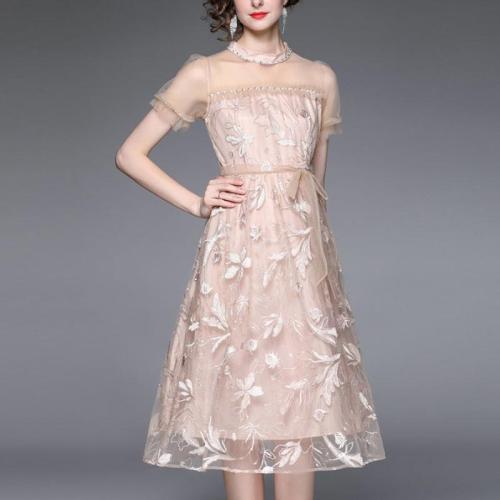 Gauze & Polyester Waist-controlled One-piece Dress slimming patchwork champagne PC