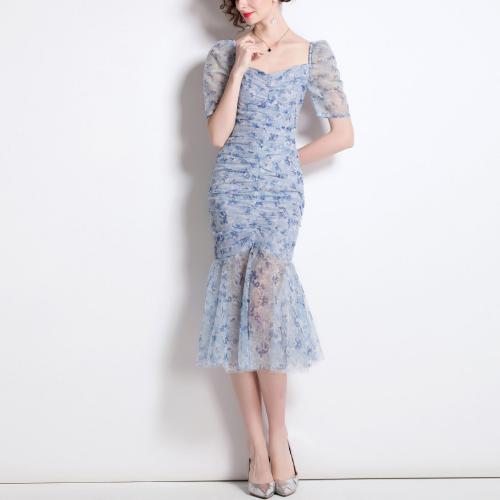 Gauze & Polyester Waist-controlled One-piece Dress slimming shivering blue PC