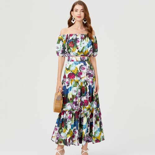 Polyester long style Two-Piece Dress Set & two piece & off shoulder printed PC