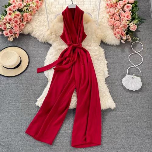 Polyester Wide Leg Trousers Long Jumpsuit off shoulder & loose & breathable Solid : PC