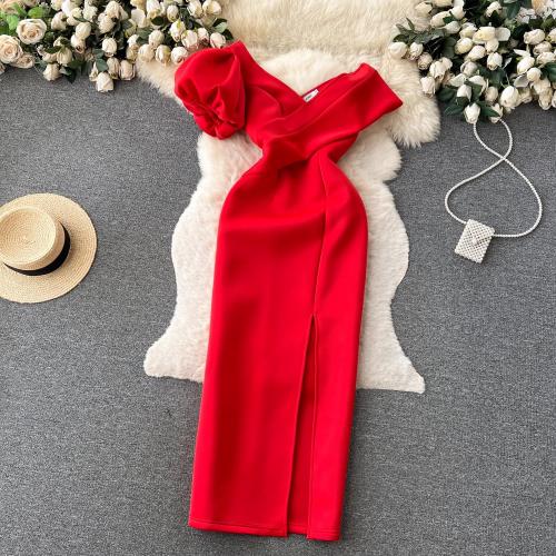 Spandex Plus Size Long Evening Dress side slit & off shoulder Solid red PC