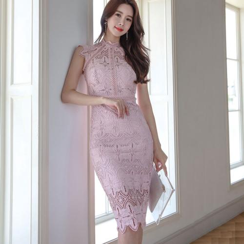 Lace & Cotton Waist-controlled Sexy Package Hip Dresses slimming & hollow Solid pink PC