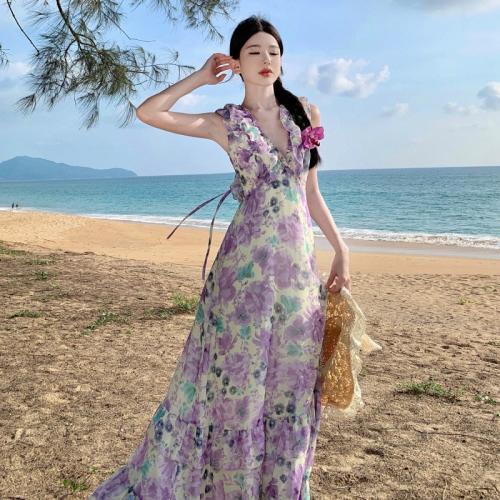 Polyester Slim One-piece Dress printed shivering purple PC