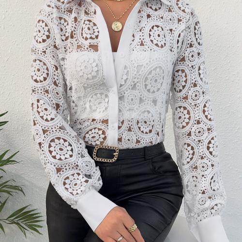 Polyester Women Long Sleeve Shirt slimming & hollow patchwork Solid white PC