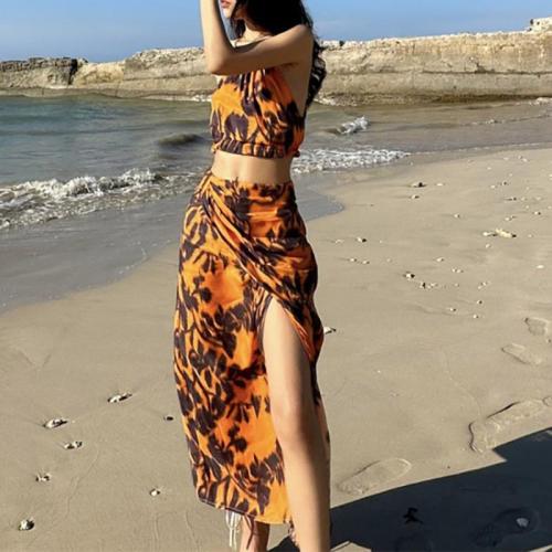 Polyester Two-Piece Dress Set midriff-baring & mid-long style & side slit & backless & off shoulder leaf pattern mixed colors Set