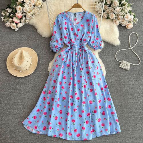 Polyester Waist-controlled One-piece Dress mid-long style & slimming printed floral : PC