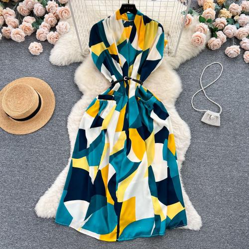Mixed Fabric Waist-controlled One-piece Dress mid-long style & slimming printed : PC