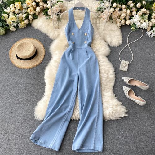 Mixed Fabric Wide Leg Trousers Long Jumpsuit slimming & backless & off shoulder Solid PC